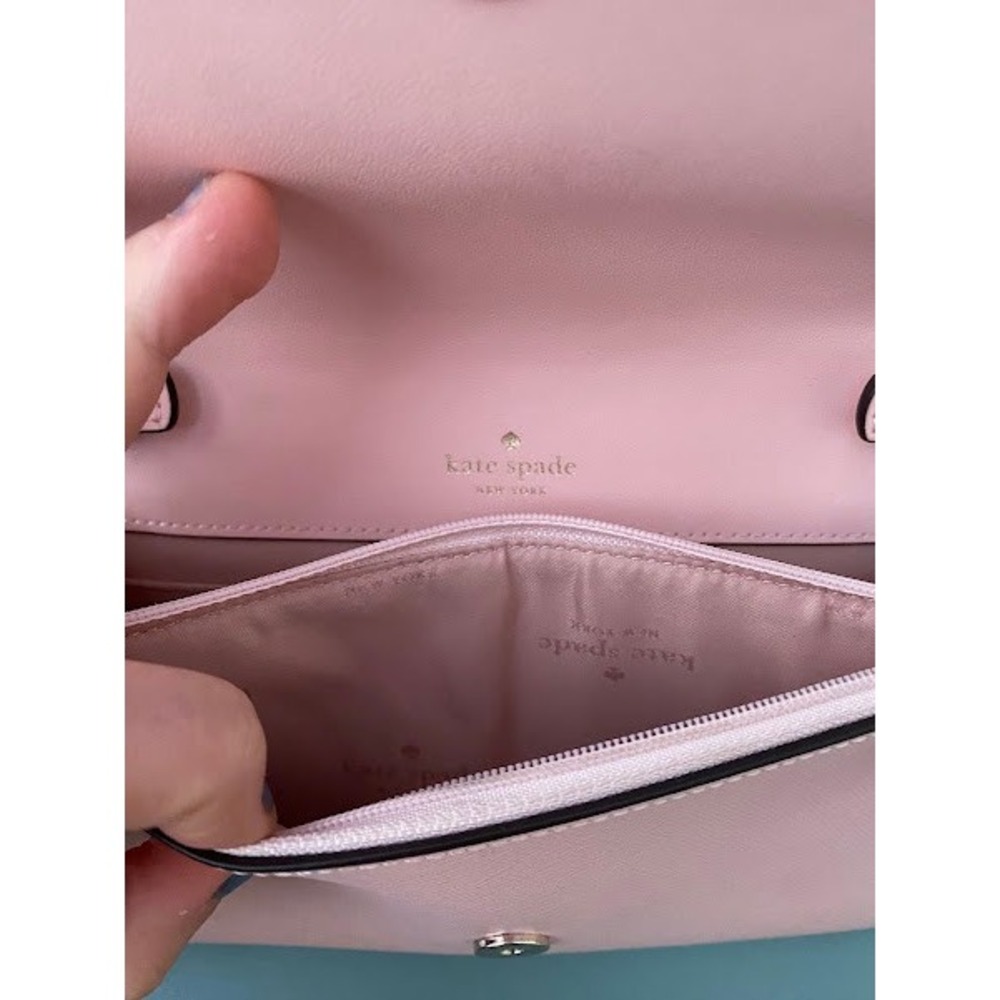 Kate Spade Pink Saffiano Leather Crossbody Wallet Bag Clutch Gold Logo - Picture 6 of 11
